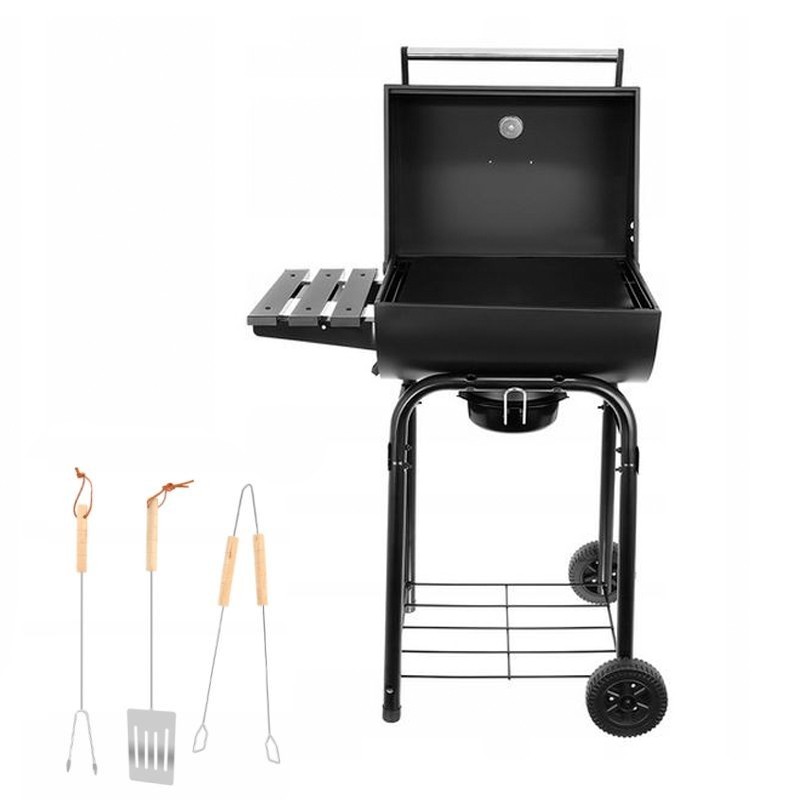 Gratar Grill pe carbune, termometru, suport accesorii, roti, capac cu maner, ustensile, Kaminer - imagine 14